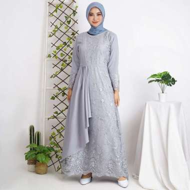 Shiyan Gamis Wanita Muslim Model Baju Lebaran Syari Terbaru XL LD 105 Brokat TilLe Bordir Maxi Dress