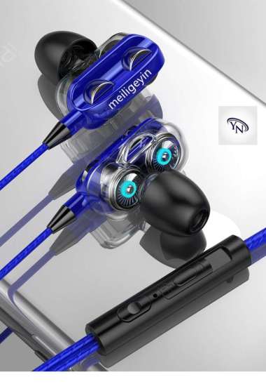 Earphone Gaming Stereo 4D Super Bass with Mic + Kabel Jack 3.5mm Murah Bagus Produk Import Biru