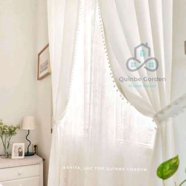 Gorden blackout Putih pompom smokring gordyn putih brokenwhite renda hordeng minimalis tirai jendela