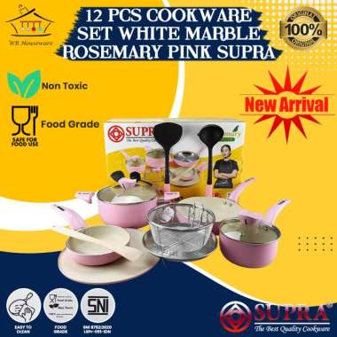 panci supra anti lengket / 12pcs cookware set white marble pastel PINK/ panci sayur masak wajan peng