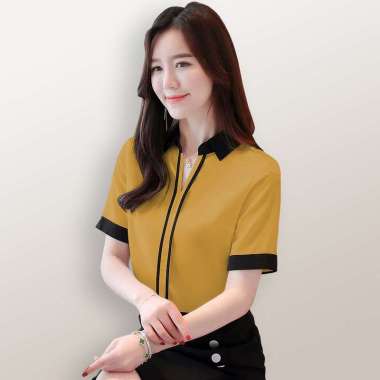Blus lengan pendek wanita Gaya Korea variasi krah kemeja - Jfashion Renatta SS M Kuning