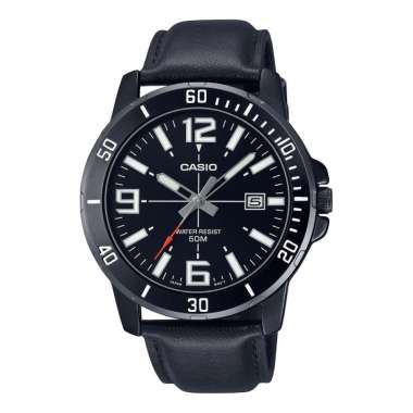 CASIO Enticer Analog Original Leather Jam Tangan Pria [MTPVD01BL/Original] Black