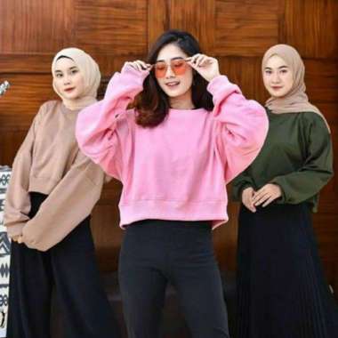 Oversize Croope Sweater | Sweater Wanita Crop Polos | Oversize Lenka | M Hitam