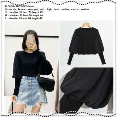 AB258522 Baju Atasan Rajut Wanita Blouse Balon Korea Import Hitam