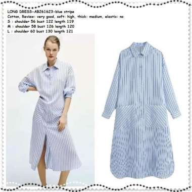 AB261623 Long Dress Kemeja Panjang Midi Garis Wanita Korea Tunik Biru