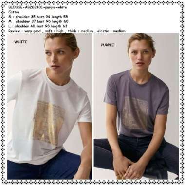 AB262401 Baju Atasan Kaos Katun Wanita Import Ungu Putih Purple White