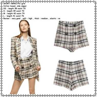 AB461741 Celana Pendek Rok Mini Skort Kotak Cream Wanita Korea Import
