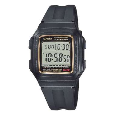 CASIO Digital Youth 10 Year Battery Life Dual Time F-201W Jam Tangan Pria Black Gold