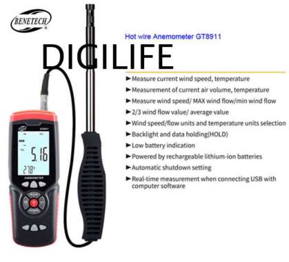 Hot Wire Anemometer Benetech GT8911 Thermal Wind Speed Flow Meter GT-8911 CFM CMM Air Velocity GT 89