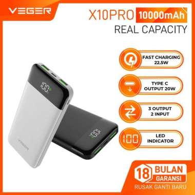 VEGER X10 PRO 10000mAh LED Digital Powerbank Quick Charge QC 3.0 + PD - Putih Hitam