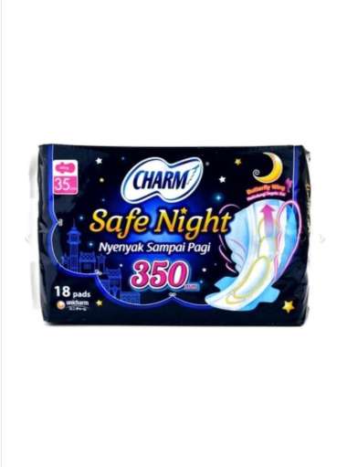 PEMBALUT MALAM WANITA WING CHARM SAFE NIGHT 35 CM ISI 18 PADS SOFTEKS