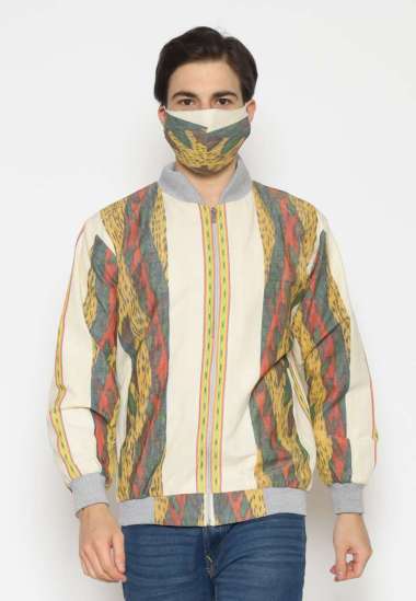 Batik Etniq Craft Suga Baju Etnik Jacket Bomber Outer Kain Tenun Asli Jepara Premium Set Masker-Yell