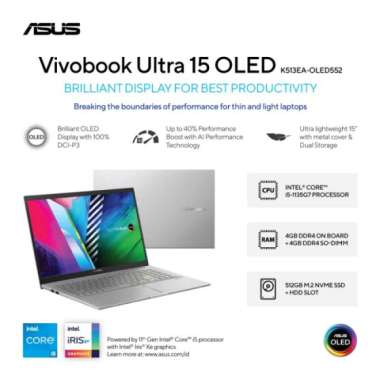 ASUS VivoBook Ultra 15 K513EA-OLED552 - Transparent Silver [Intel® Core™ i5-1135G7 / Intel Iris Xᵉ Graphics / 4GB+4GB / 512GB / 15.6inch / WIN11 / OHS