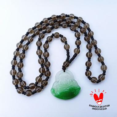 Vee Ukiran Budha Ketawa Batu Giok Hijau Kalung Liontin Coklat
