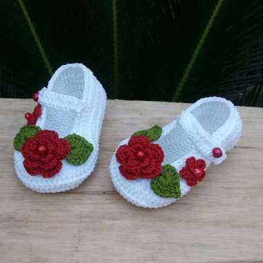 sepatu bayi perempuan rajut 1 tahun lucu murah viral kekinian bisa custom natural + merah 9