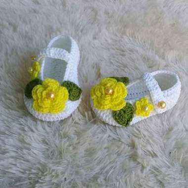 sepatu bayi perempuan rajut 1 tahun lucu murah viral kekinian bisa custom natural + kuning 12