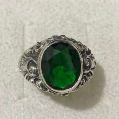 Cincin Ring Perak Silver Bali Asli 925 Ukir Karang Jahe Batu Akik Hijau Green Quartz Besar Pria Laki