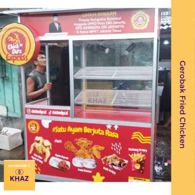 Paket Gerobak Etalase Fried Chicken + Stiker + Lampu + Neon Bulat