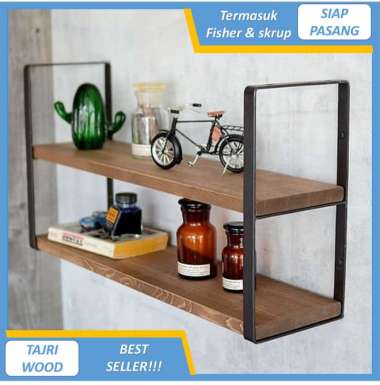 TORA rak dinding 2 ambalan kayu dan besi buku make up hiasan dekorasi ukuran 30CM