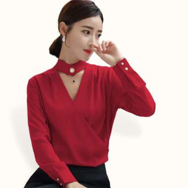 Blus leher tinggi Wanita Gaya Korea Lengan Panjang model Terbaru - Jfashion Mina XL Merah