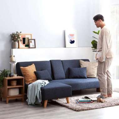 Dekoruma Daito Sofa Bed atau Sofabed Minimalis - Set Sofa L Minimalis dengan Stool [Kain Woven] BIRU