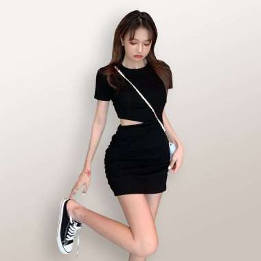 Okechuku ELINA Mini Dress sexy lengan pendek Gaya Korea wanita model terbaru M-L Hitam