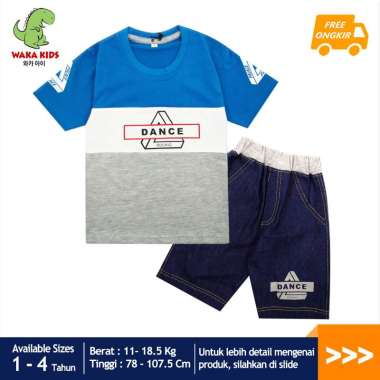 Wakakids Anak Laki Laki Baju Atasan Oblong Lengan Pendek Motif Dance Rock Setelan Celana Jeans 3467 