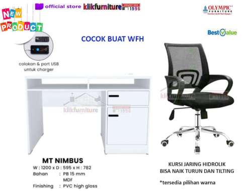 PAKET Set Meja Kursi Kerja Kantor WFH MTS NIMBUS + Kursi Jaring MEJA + KURSI PUTIH