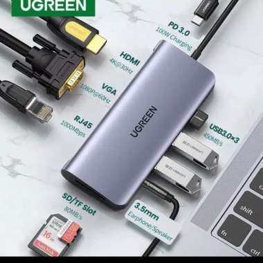 harga [UGREEN] 9 in 1 Type C To HDMI VGA RJ 45 4K Type C PD Port Charger 3 Port USB 3.0 Micro SD METAL For Smartphone, Android, Macbook, Chromebook, windows 10 in 1 Blibli.com
