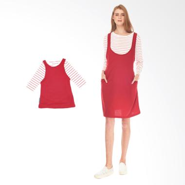 Mooimom Stripe Long Sleeves Sling Nursing Dress Couple Ibu Anak Set Baju Hamil Menyusui - Red
