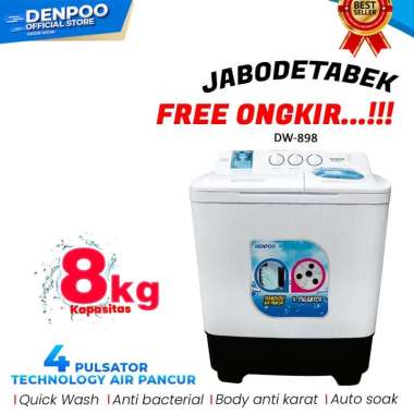 Denpoo DW 898 4 Pulsator Semi Auto Mesin Cuci [2 Tabung/8 kg] Unit Only white Jakarta