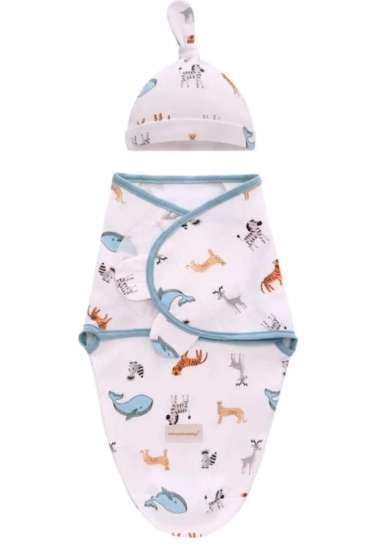 Bedong Instan Set Topi Bayi - Bedong Swaddle Wrap Bedong Tidur Bayi Animals