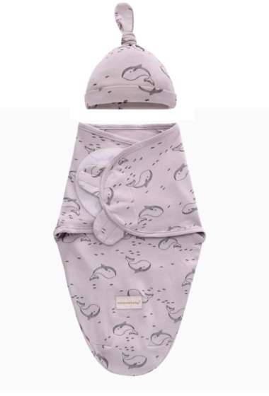 Bedong Instan Set Topi Bayi - Bedong Swaddle Wrap Bedong Tidur Bayi Whale