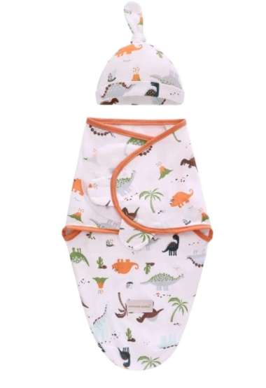 Bedong Instan Set Topi Bayi - Bedong Swaddle Wrap Bedong Tidur Bayi Dino