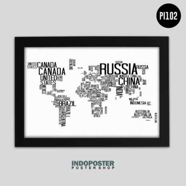 Poster Aesthetic World Map Peta Dunia Text Monochrome A3 45X30cm Warna Bingkai