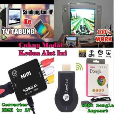Paket Mediatech HDMI Dongle Anycast + HDMI To AV Alat Konverter Dari Hp ke TV Tabung Putih