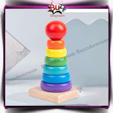Rainbow Tower Ring Donat Pelangi Kayu Mainan Anak Bayi Montessori Wood