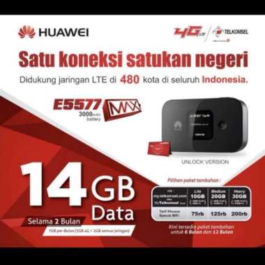 Unik Mifi Modem Wifi Router 4G Huawei E5577 Max 3000mah Free Telkomsel 14Gb - TANPA ANTENNA Limited
