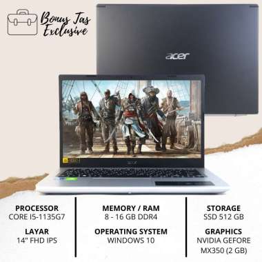 LAPTOP GAMING DESIGN EDITING ACER A514-54G-57JK / CORE I5-1135G7 / RAM 16 GB DDR4 / SSD 512 GB + SLOT HDD / 14" FHD ACER COMFY VIEW / NVIDIA GEFORCE RAM 8 GB