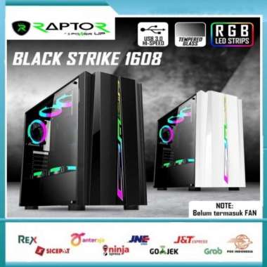 Casing Gaming PC RAPTOR Black Strike 1608 - Tempered Glass/LED RGB/ATX Putih