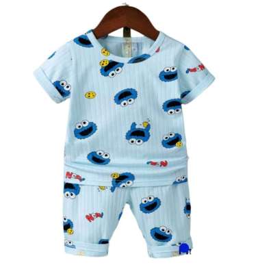 SETCEL IMPORT PIYAMA BAJU RUMAH TIDUR SALUR ANAK BOYS GIRLS LENGAN PENDEK CELANA SELUTUT MOTIF ELMO 