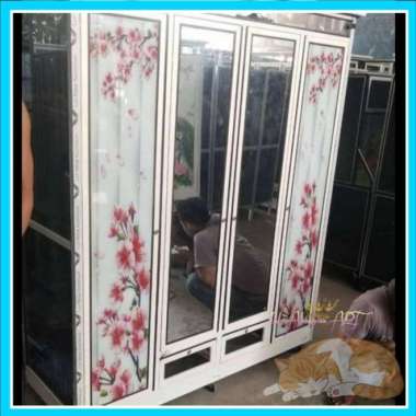 Lemari Pakaian / Baju Pintu 4 Kaca Motif Bunga Bahan Alumunium