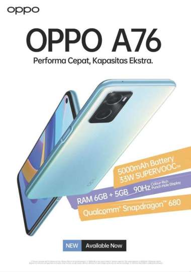 Oppo A76 6/128 ( Expans Ram 5gb, Supervooc 33W, QSD 680 ) Glowing Blue