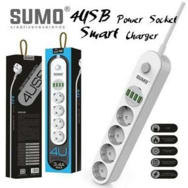 Jual STOP KONTAK USB SUMO 4 SOKET 4 USB CHARGER COLOKAN LISTRIK 2 METER Diskon