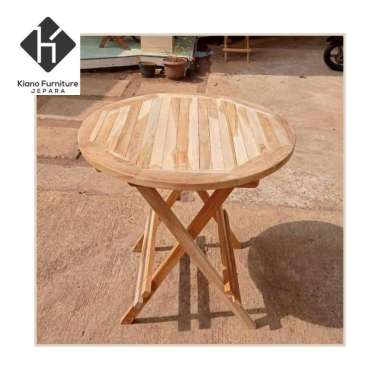 MEJA LIPAT KAYU PORTABLE BULAT MEJA PIKNIK KAYU MEJA INDOOR & OUTDOOR GARIS BESAR