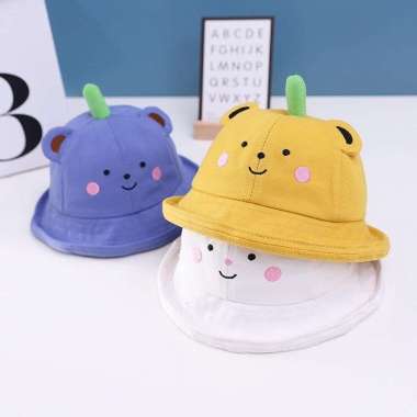 Topi ANAK BUNDAR BASIN FISHERMAN HAT CAP KIDS UNIVERSAL Dino Bear UNTUK 6 bulan- 2 tahun Bear Putih