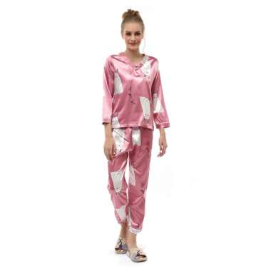 Hamlin Vance Setelan Piyama Baju Tidur Wanita Buny Pig Lengan Panjang Material Satin ORIGINAL - Pink