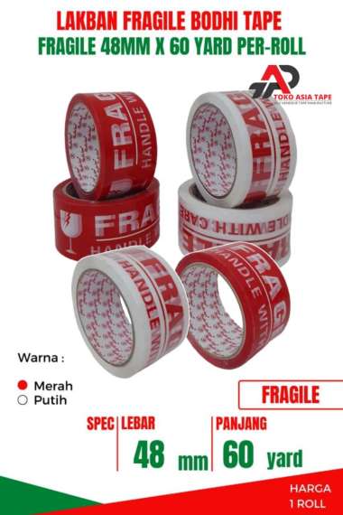 LAKBAN FRAGILE MERAH PUTIH 48MM X 60YARD BODHI TAPE 1 ROLL TOP QUALITY PUTIH