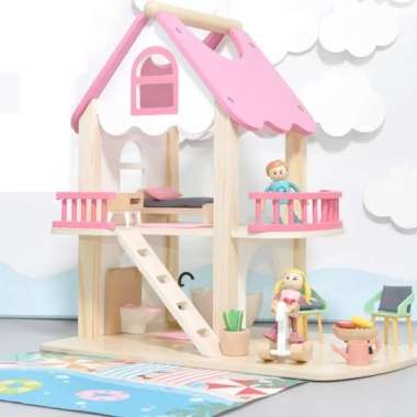 Wooden doll house pink, rumah boneka kayu, mainan rumah boneka