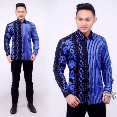 TBF-Baju Kemeja Batik Pria Lengan Panjang Motif Lurik Kombinasi Pesta Kantor biru M